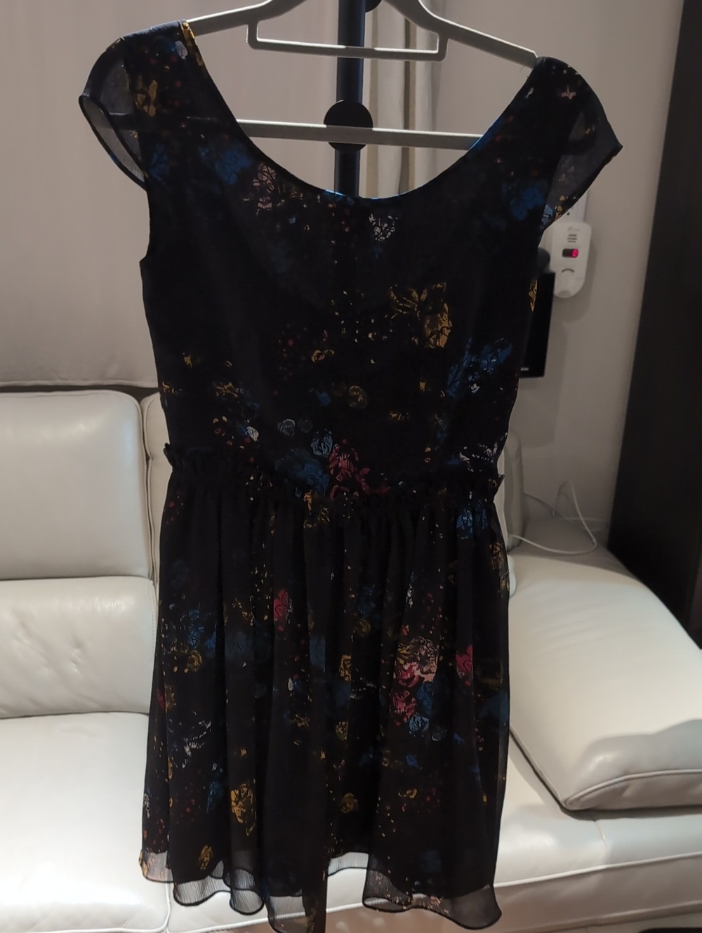 Talula Black Floral Mini Dress with Blue and Gold Accents